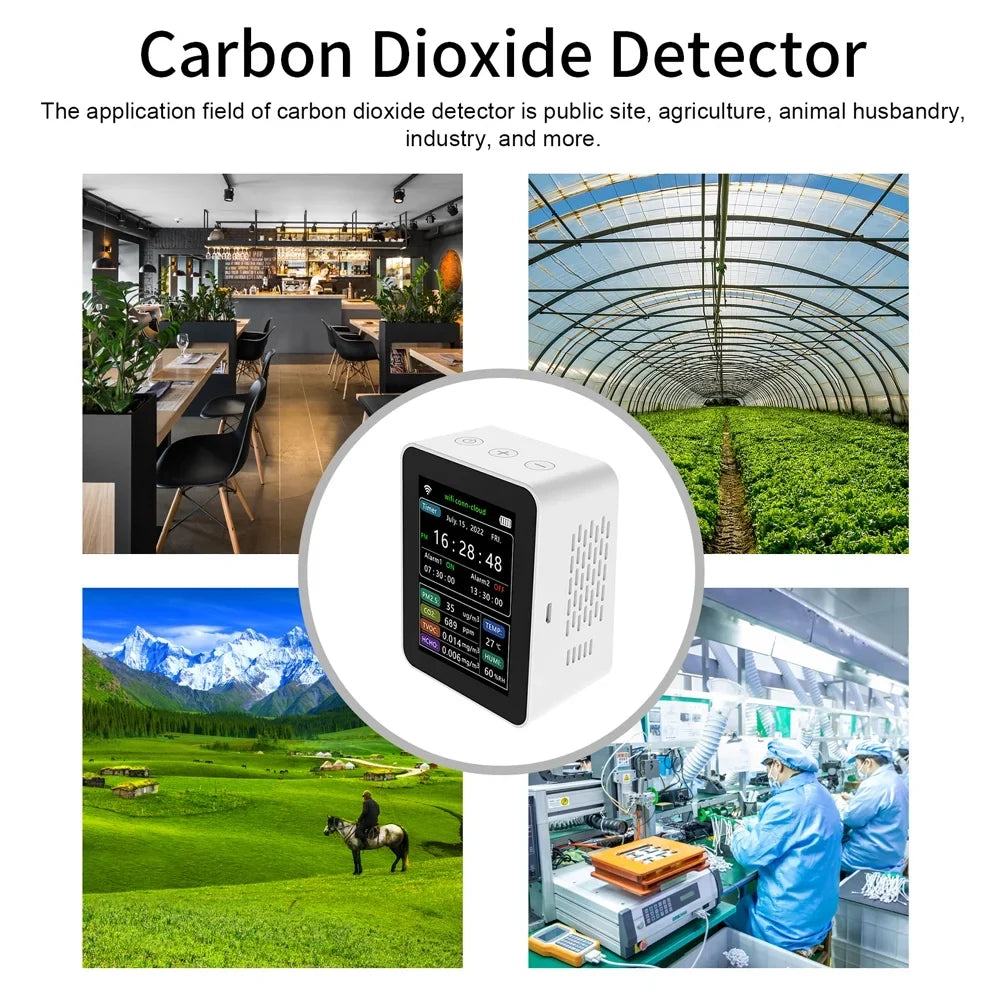 Carevas WiFi Intelligent Air Quality Detector .5    Humidity 6 In 1 Detector Time Date Week Display Mobilephone  Remotes Viewing 2 Sets Alarm Home Indoor Desktop Air Quality Moni