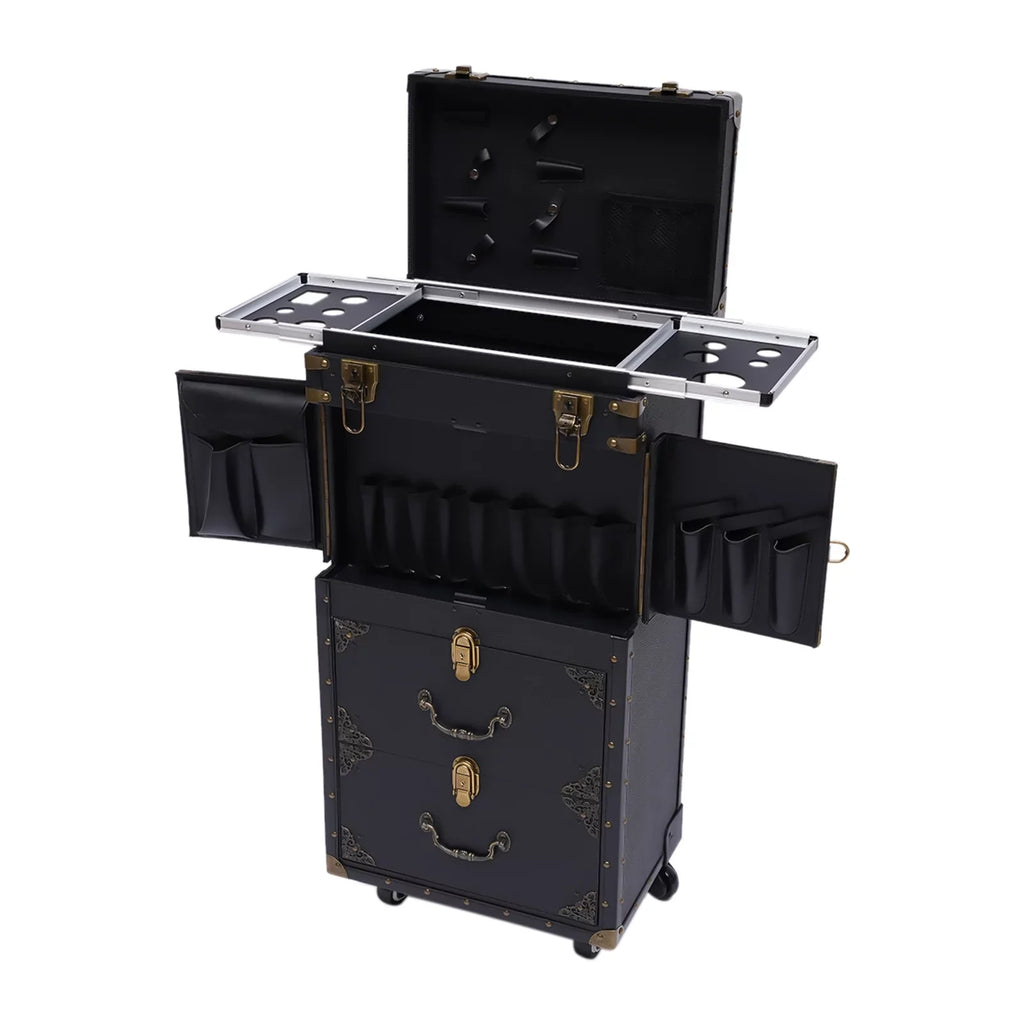 Aiqidi Rolling Lockable Makeup Train Case Hairdressing Trolley Barber Stylist Beauty Salon Cosmetic Luggage Travel Organizer Tool Box with Hair Dryer Holder