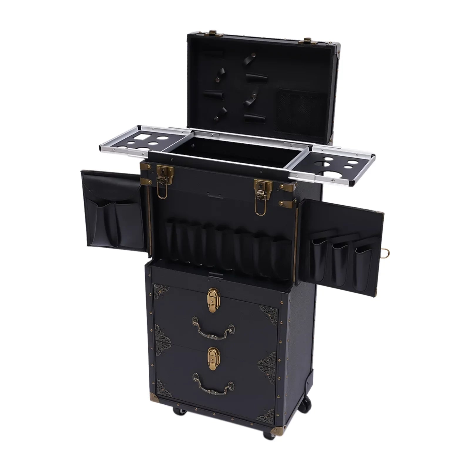 Aiqidi Rolling Lockable Makeup Train Case Hairdressing Trolley Barber Stylist Beauty Salon Cosmetic Luggage Travel Organizer Tool Box with Hair Dryer Holder