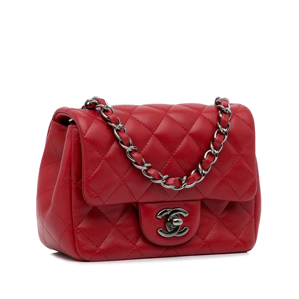 Pre-Owned Authenticated Chanel Mini Classic Lambskin Square Single Flap Leather Red Crossbody Bag Unisex (Good)
