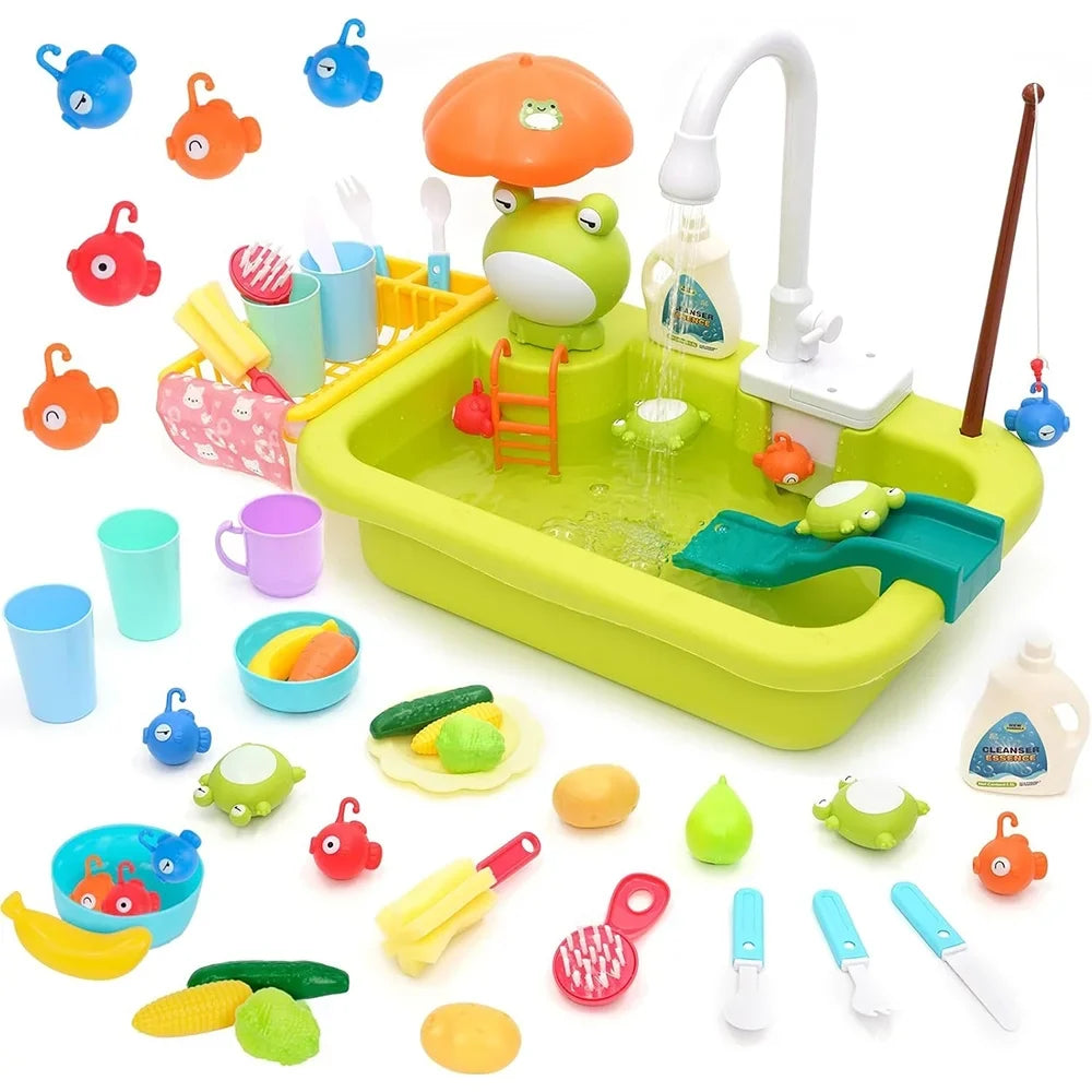 Fangsheng Play Sink with Running Water, Floating Pool Toys & Fishing Game, Kids Pretend Play-Dishwasher Kitchen Play Sink Toy for Boys Girls Toddlers 3-6