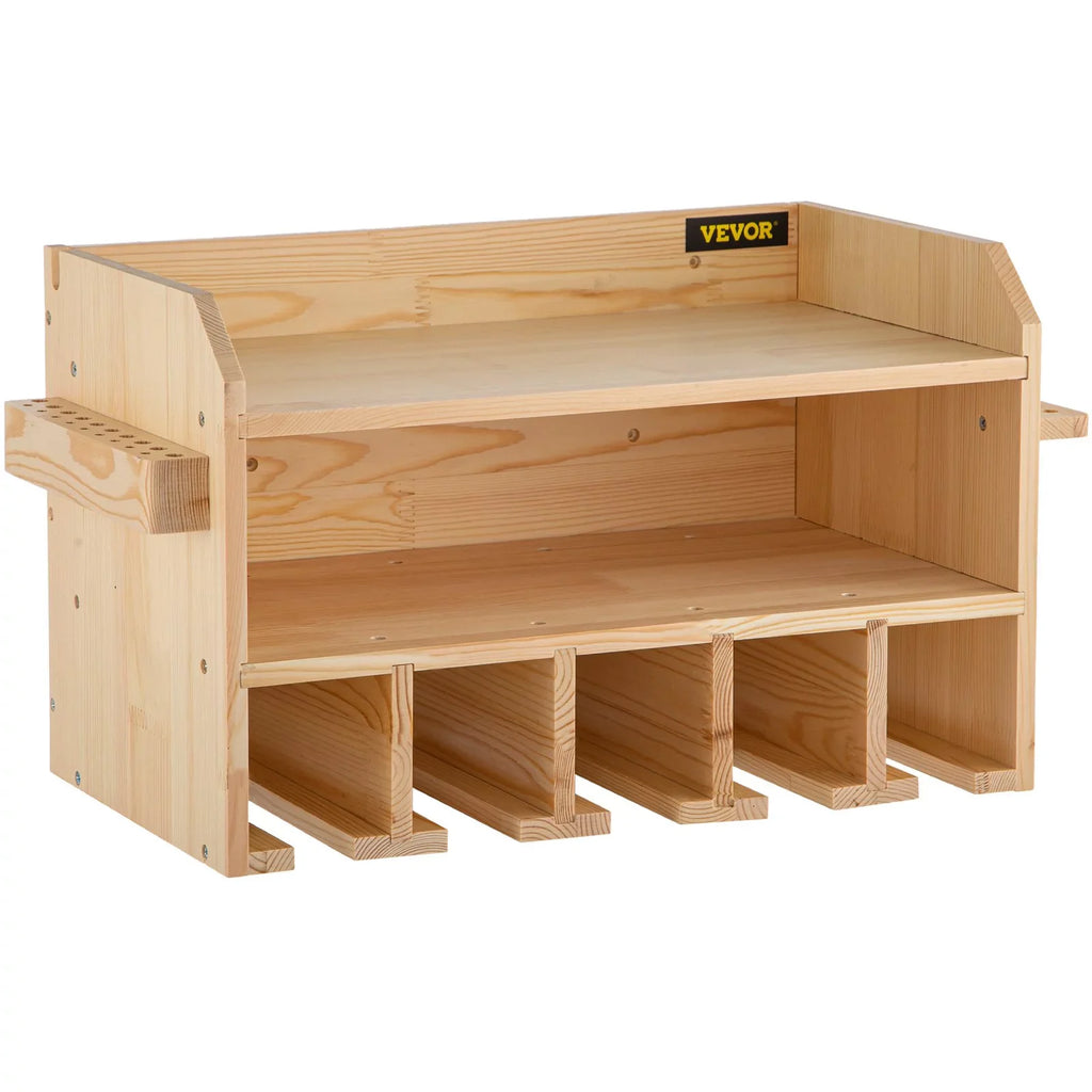 Wall Mount Drill Organizer, 5 Drill Slots, 2-Shelf Tool Storage, Polished Wood