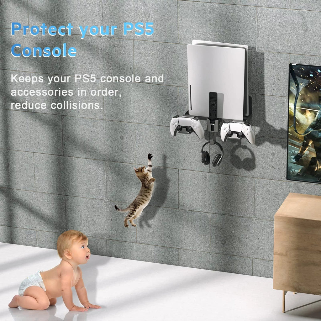 Wall Mount, 5 in 1 Playstation 5 Wall Mount (Disc and Digital Edition) Wall Bracket for Playstation 5 with Detachable Controller Holder & Headphone Hanger & Remote Control Bracket (Black)