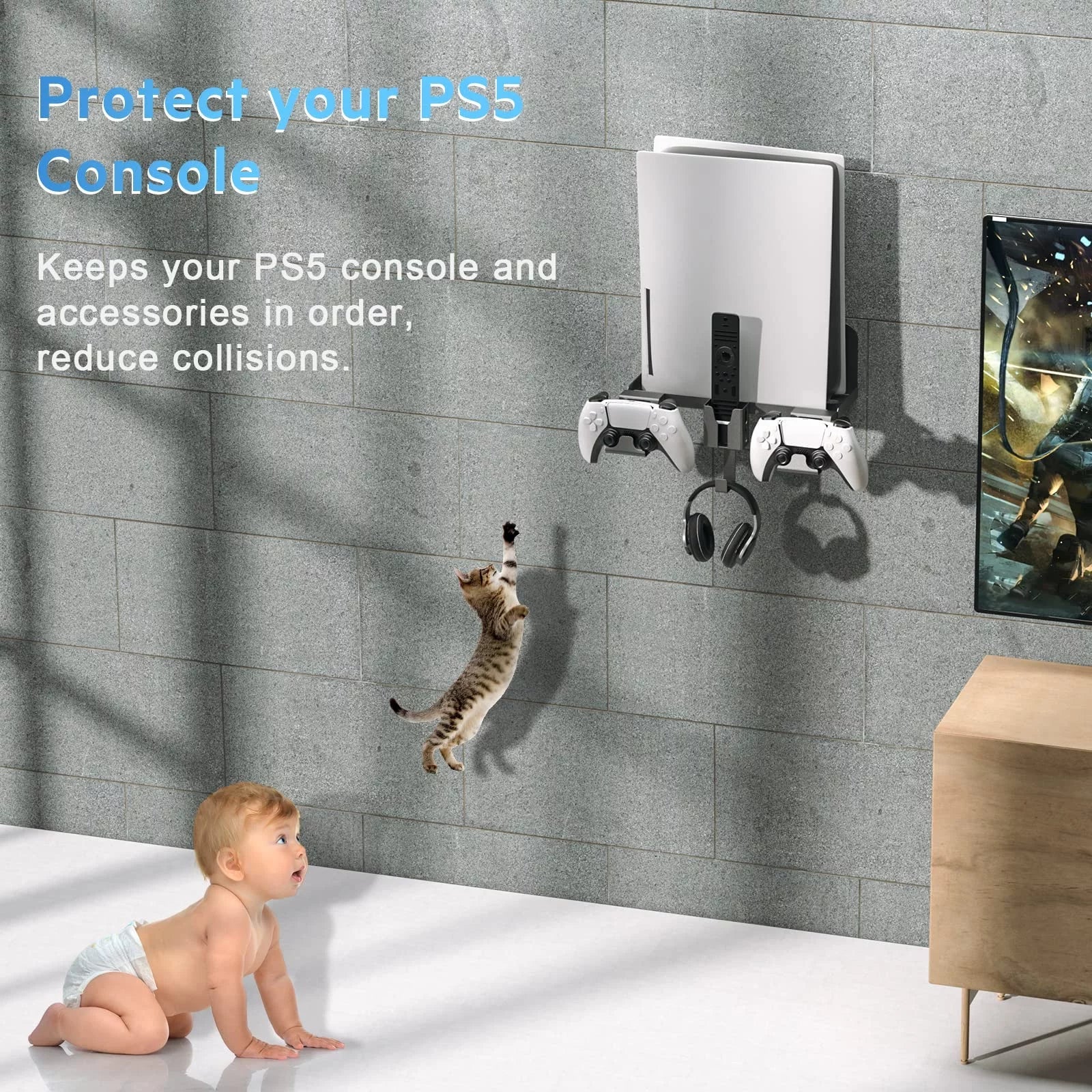 Wall Mount, 5 in 1 Playstation 5 Wall Mount (Disc and Digital Edition) Wall Bracket for Playstation 5 with Detachable Controller Holder & Headphone Hanger & Remote Control Bracket (Black)