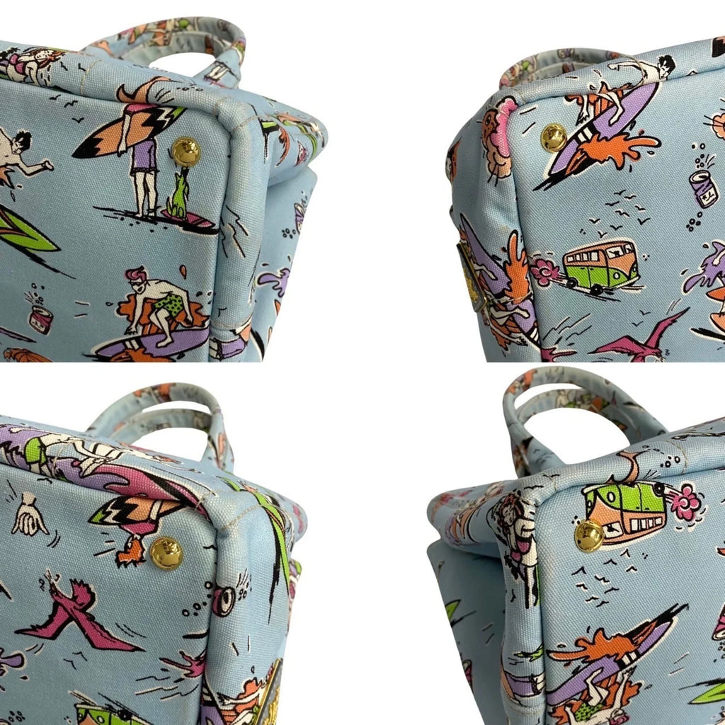 Pre-Owned  Prada Triangle Canapa Surfing Pattern Canvas Handbag Tote Bag Blue Multicolor 25905 (Good)