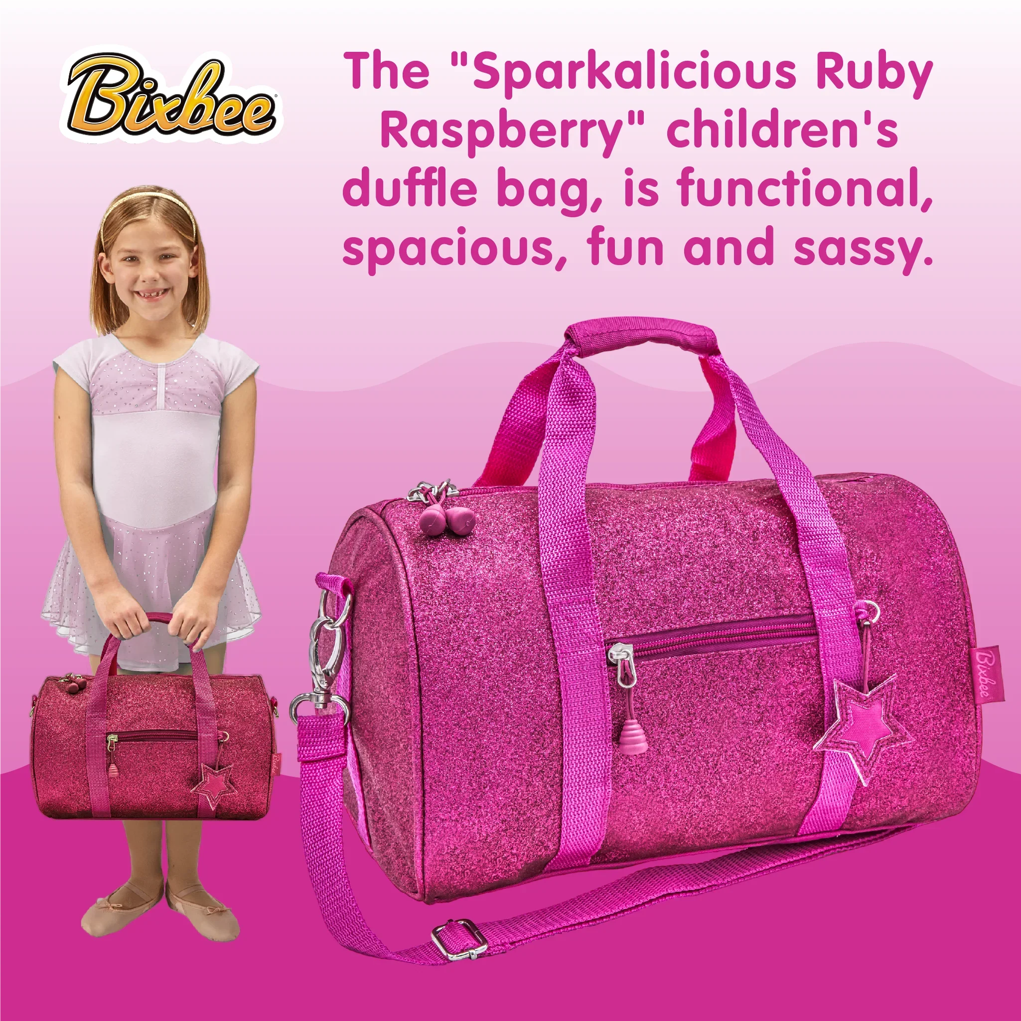Bixbee Kids Duffel Bag for Dance, School and Sports, Small, Medium and Large, Sparkalicious Pink