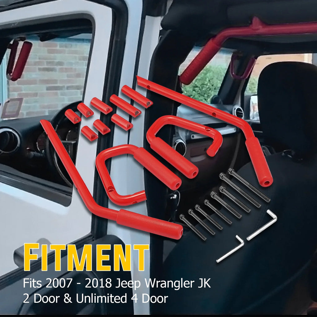'-  Powder Coated Red Aluminum Full Front & Rear Grab Bar Handles Set for 07-18 Jeep Wrangler