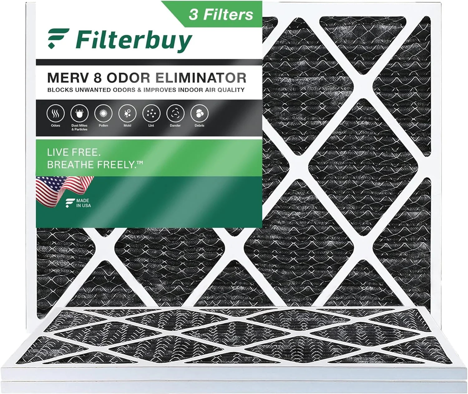 Filterbuy 20x22x1  8 Odor Eliminator Pleated   Furnace Air Filters with Activated Carbon (3-Pack)