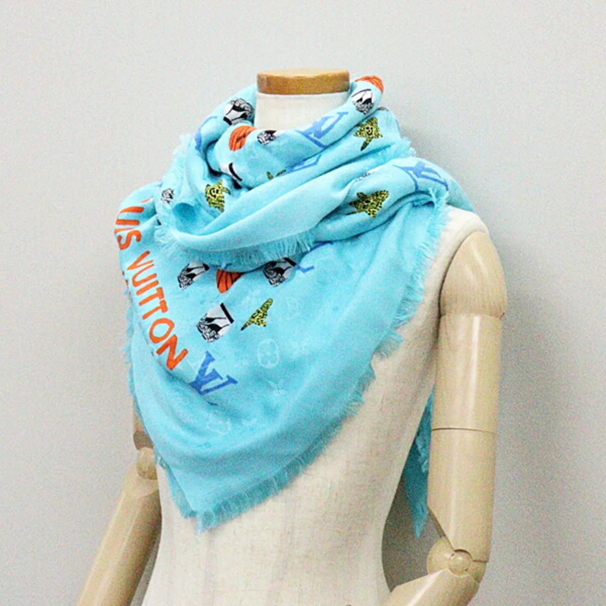 Pre-Owned Louis Vuitton Jonas Wood   monogram stole  blue shawl basketball/flower/pot silk 60% wool 40% (Like New)