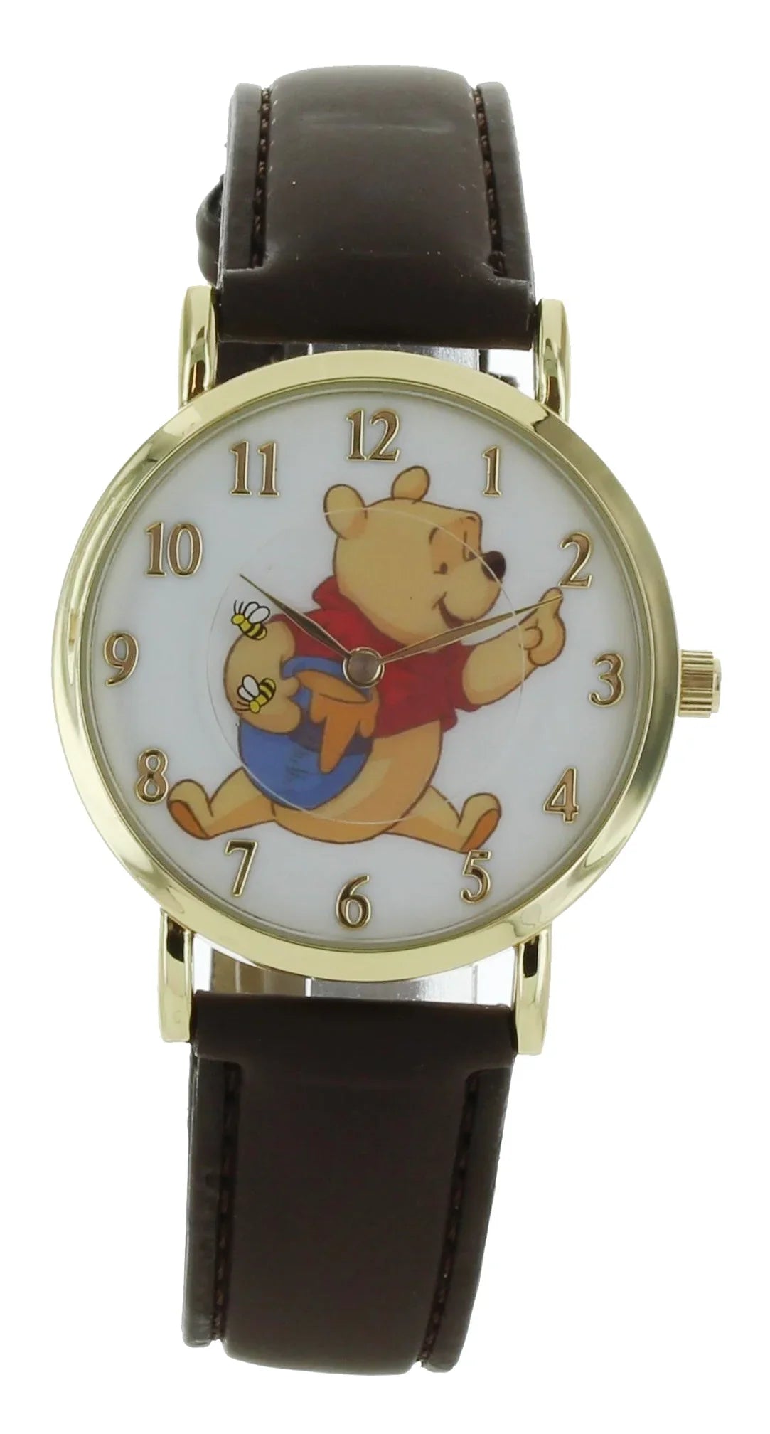 Disney Winnie The Pooh Rotating Bees Gold Tone Case With Brown Leather Band Analog Watch