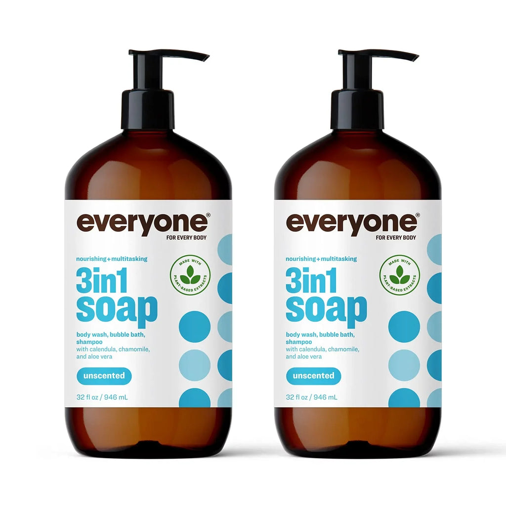 Everyone 3-in-1 Soap, Body Wash, Bubble Bath, Shampoo, 32 Ounce (Pack of 2), Unscented, Coconut Cleanser with Organic Plant Extracts and Pure Essential Oils