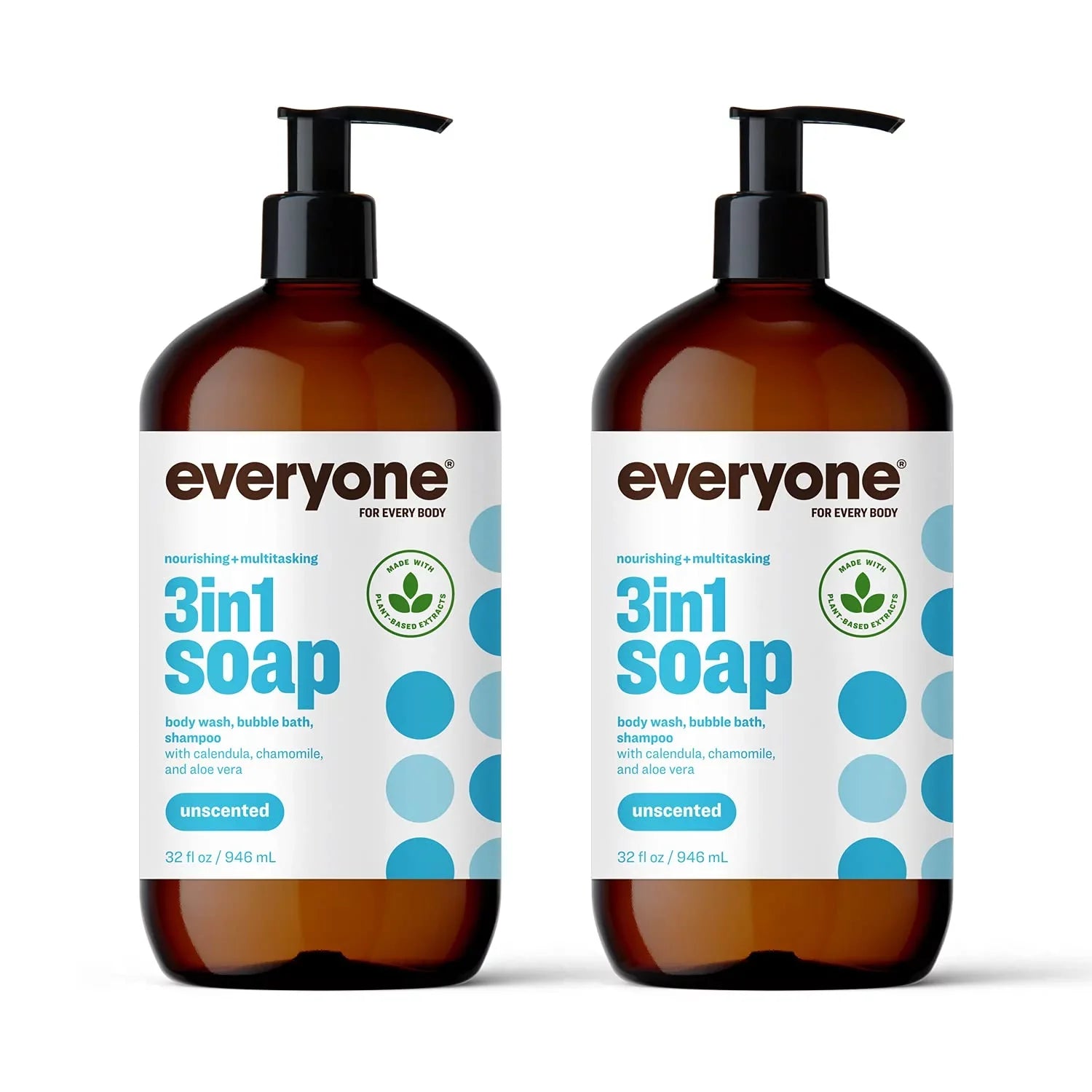 Everyone 3-in-1 Soap, Body Wash, Bubble Bath, Shampoo, 32 Ounce (Pack of 2), Unscented, Coconut Cleanser with Organic Plant Extracts and Pure Essential Oils