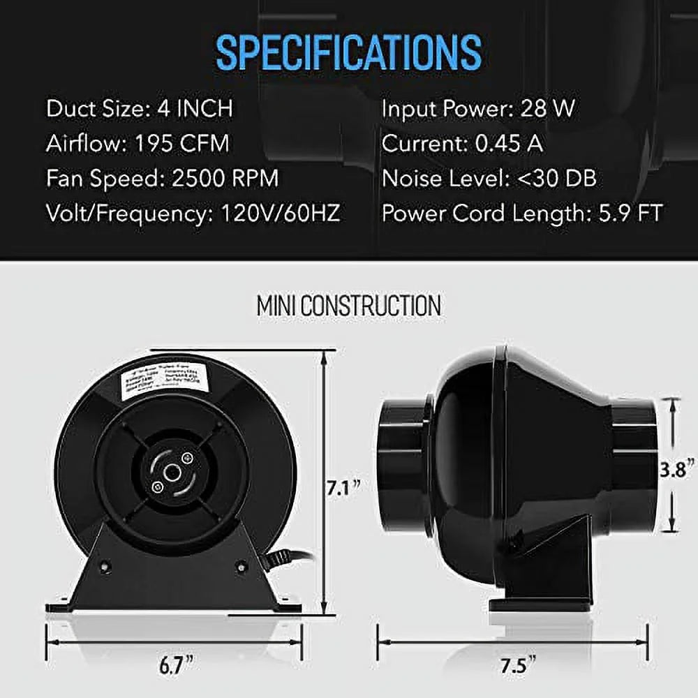 iPower 4 Inch 195  Inline Fan Circulation Vent Blower, Air Carbon Filter, 8 Feet Ducting, Speed Controller, 1-Pair Rope Combo for Grow Tent Ventilation and Temperature Humidity Monitor, Low noise