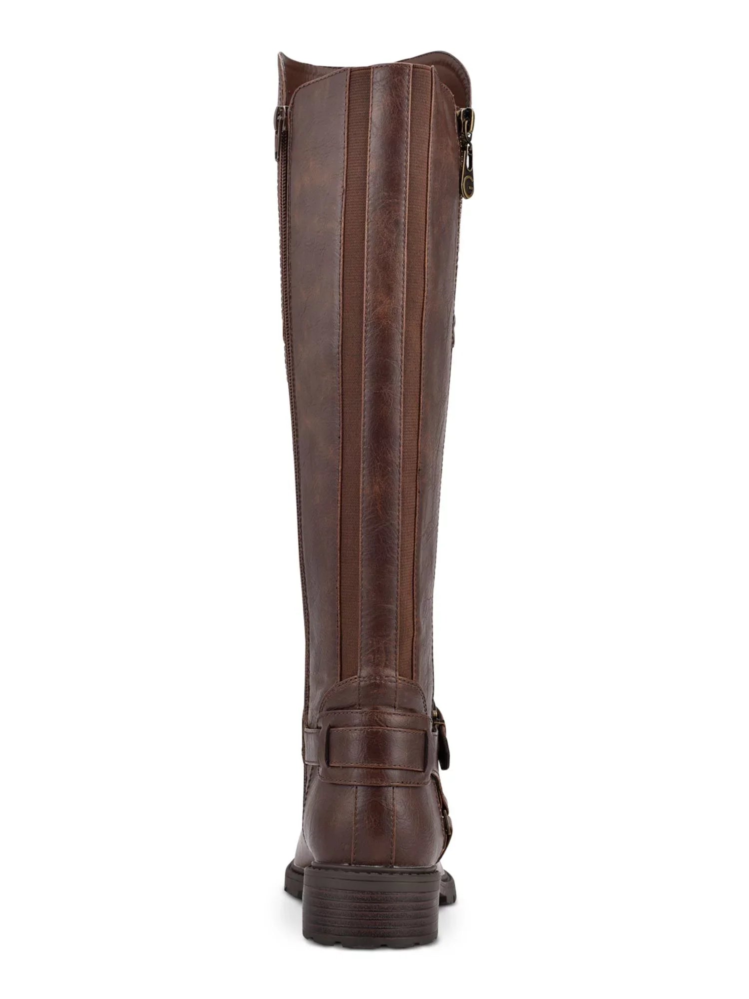 Womens Brown 1/2" Platform Stretch Gore Padded Zipper Accent Buckle Accent Tealin Round Toe Block Heel Zip-Up Riding Boot 6