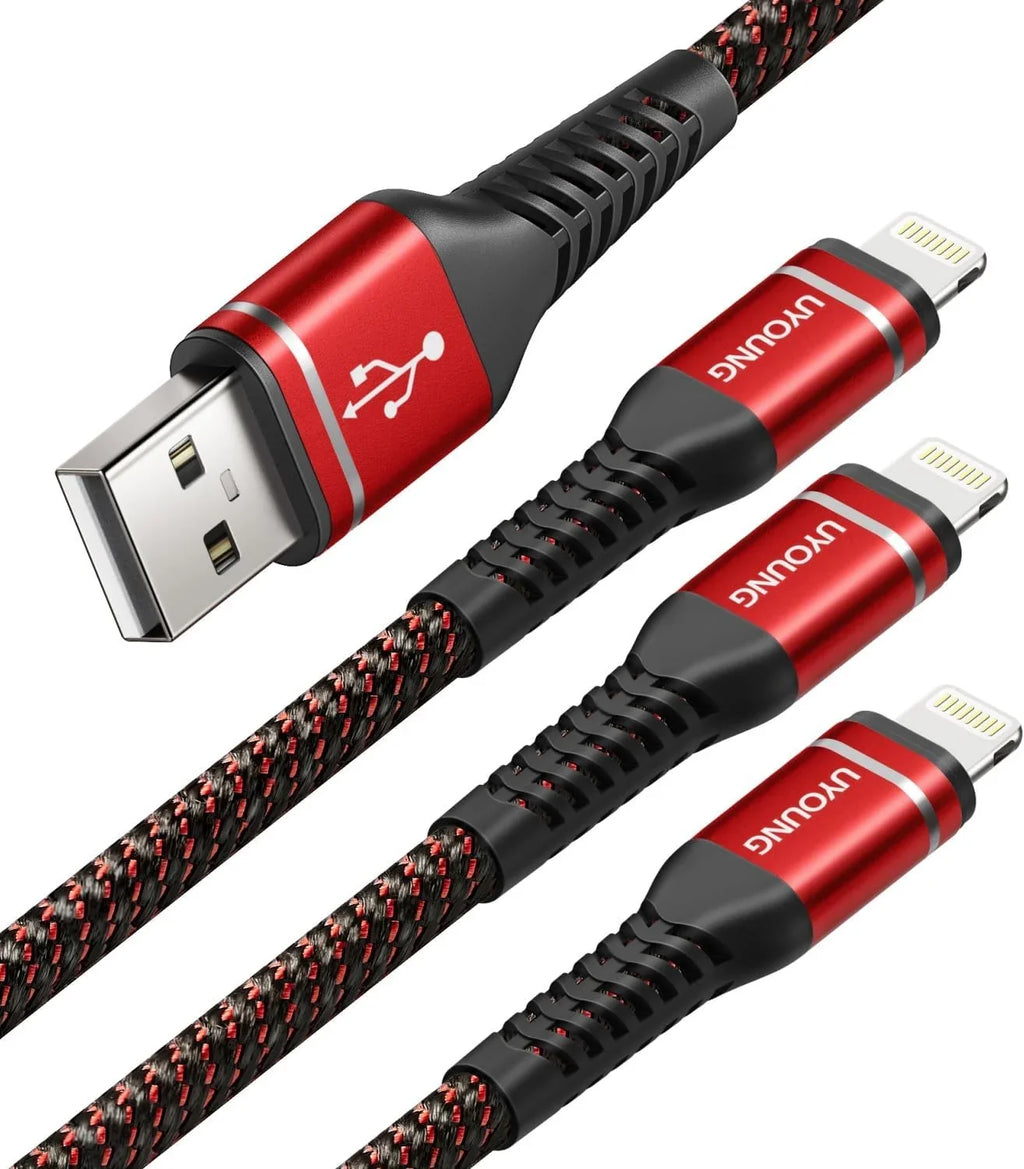 10 ft Long iPhone Charger Cord 3Pack 10 Foot Red Unbreakable  Fast iPhone Charging Nylon Braided Charger Cord Compatible with iPhone 11//// Max/8/7/6/5S/, iPad Pro/Mini/Air(Red)
