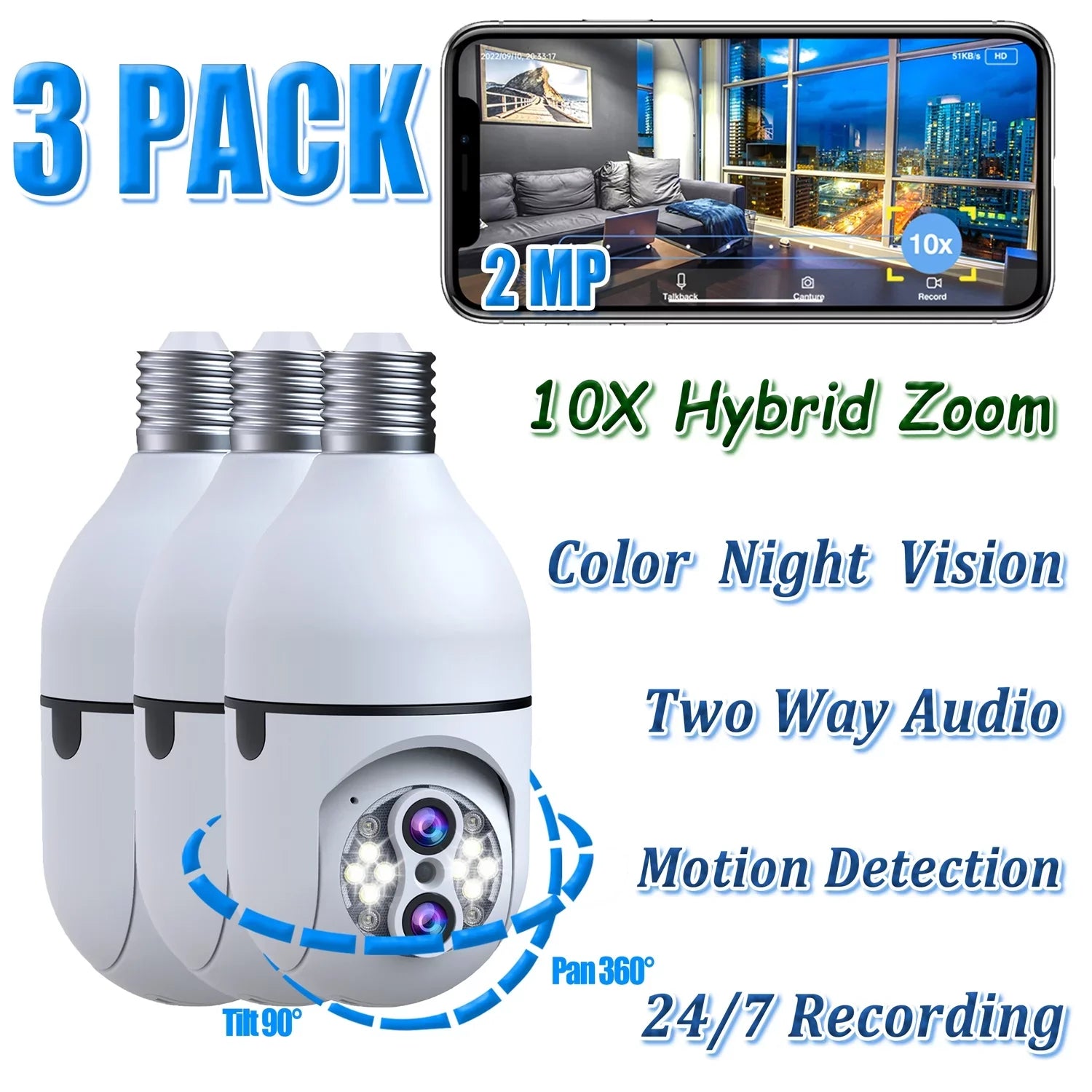 Toguard 3 Pack  10X Hybrid Zoom Light Bulb Security Camera Outdoor   Dual Lens Dome Surveillance Camera Wireless Connector