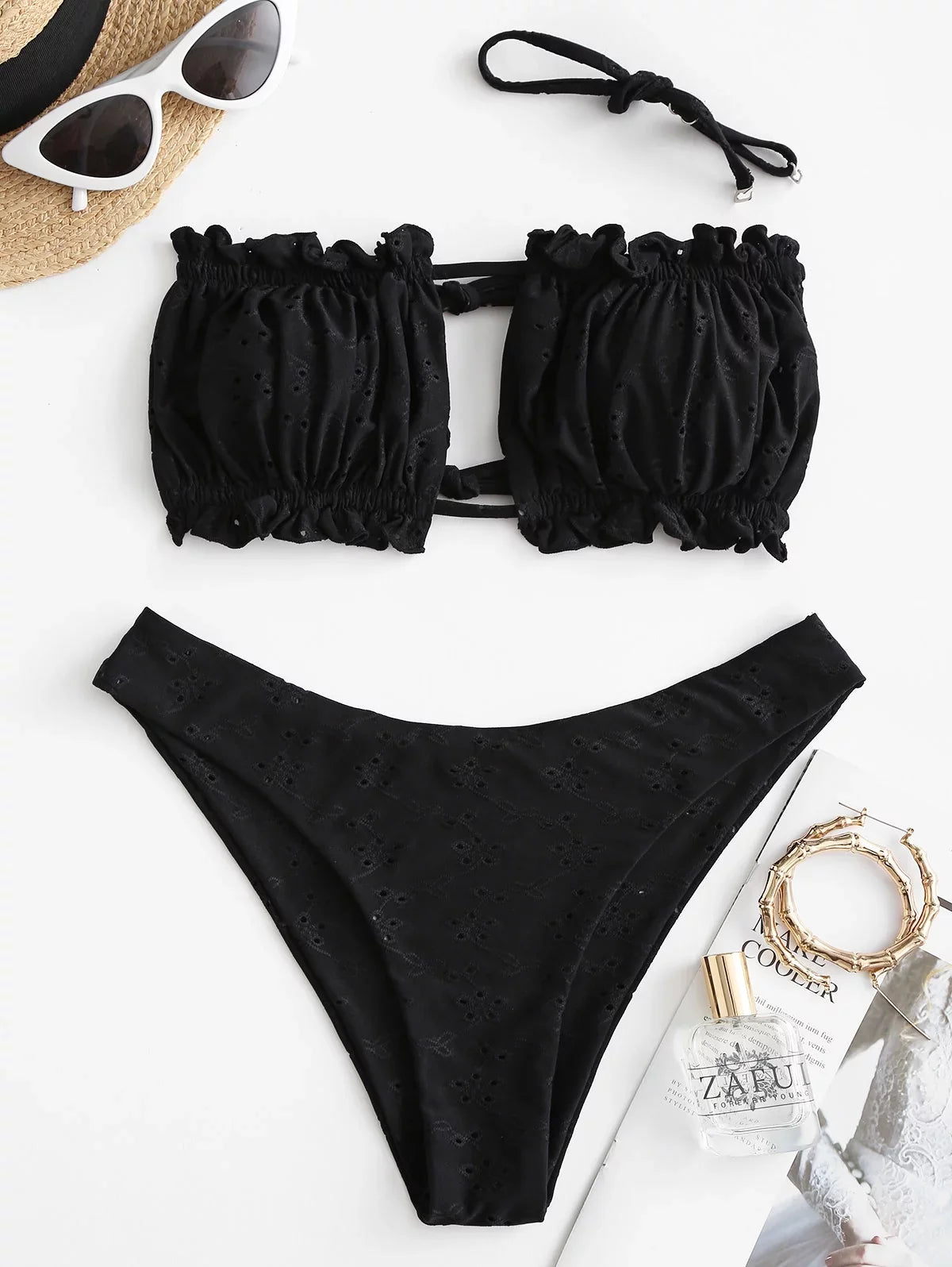 Womens High Cut Bandeau Bikini Sexy Cutout Ribbed Swimsuit 2 Piece Ruffle Tie Bathing Suits