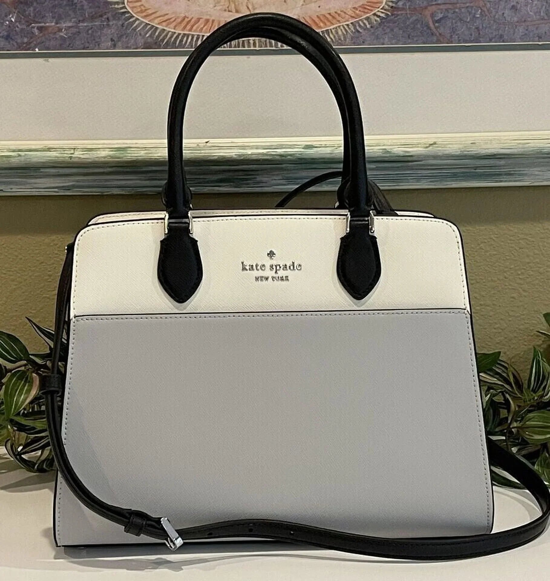 Kate Spade Madison Medium Platinum Grey Colorblock Leather Satchel Bag Purse