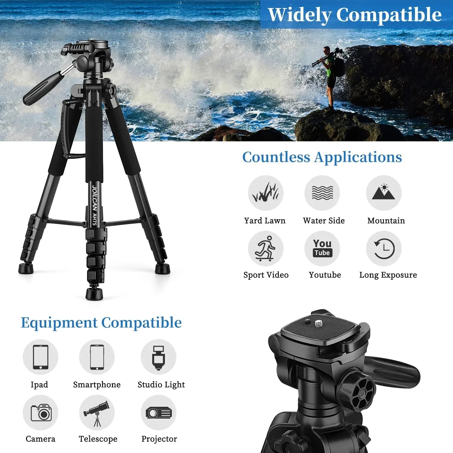 Tripod Camera Tripods, 74" Tripod for Camera Cell Phone Video Photography, Heavy Duty Tall Camera Stand Tripod,