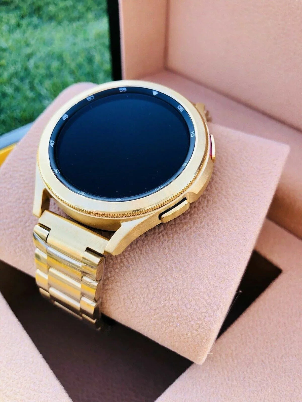 Custom 24k Gold Plated 46mm Samsung Galaxy Watch 4 Gold Bezel Gray Gold Band