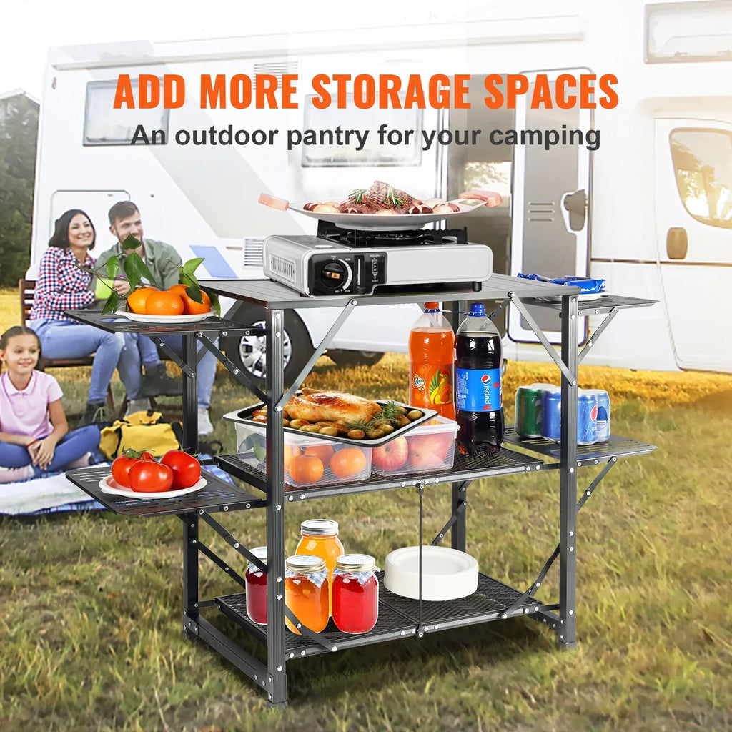 Folding Portable Cook Station 5 Tables & 2 Shelves Camping Kitchen Table