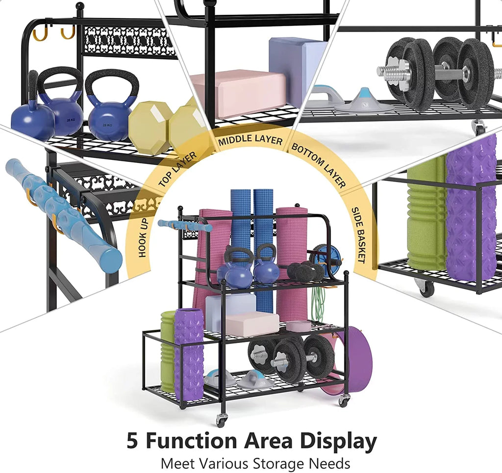 & Yoga Mat Storage Racks, Home Gym Storage Rack for Organizing Kettlebells Dumbbells Foam Roller, All-in-One Workout Equipment Storage Organizer with Hooks and Wheels, Yoga Strap and Resistance Band