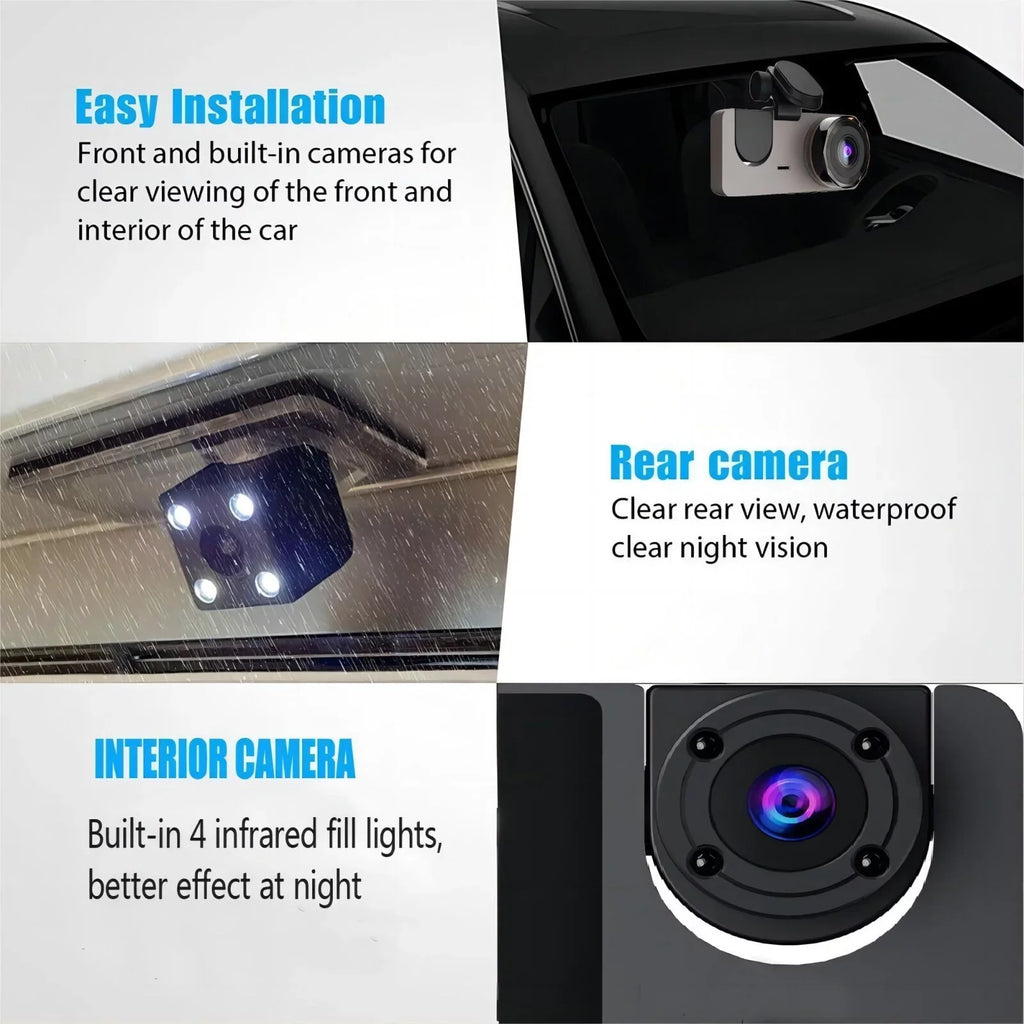 Dash Cam for Car, 1080P 3 Channel Front & Rear Inside Dash Camera, Super Night Vision, Parking Monitor, Loop Recording, with 32GB  Card