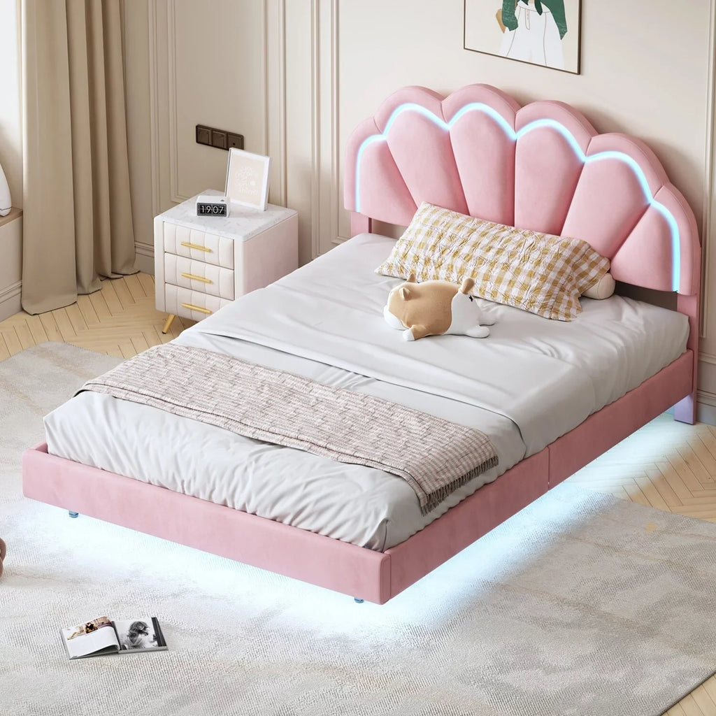 Full Size Smart  Platform Bed with Wooden Slats Support Beige