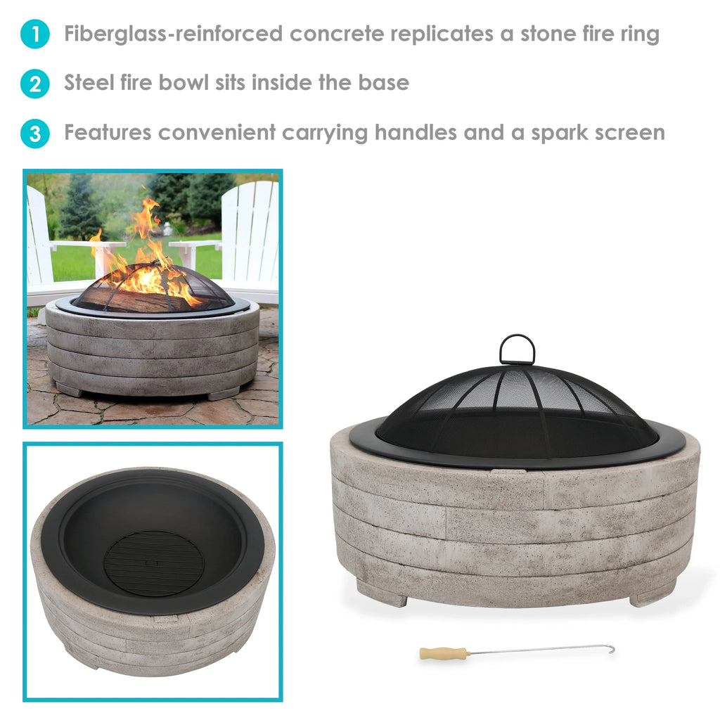 Sunnydaze Faux Stone Fire Pit Ring with Spark Screen - 35" Diameter