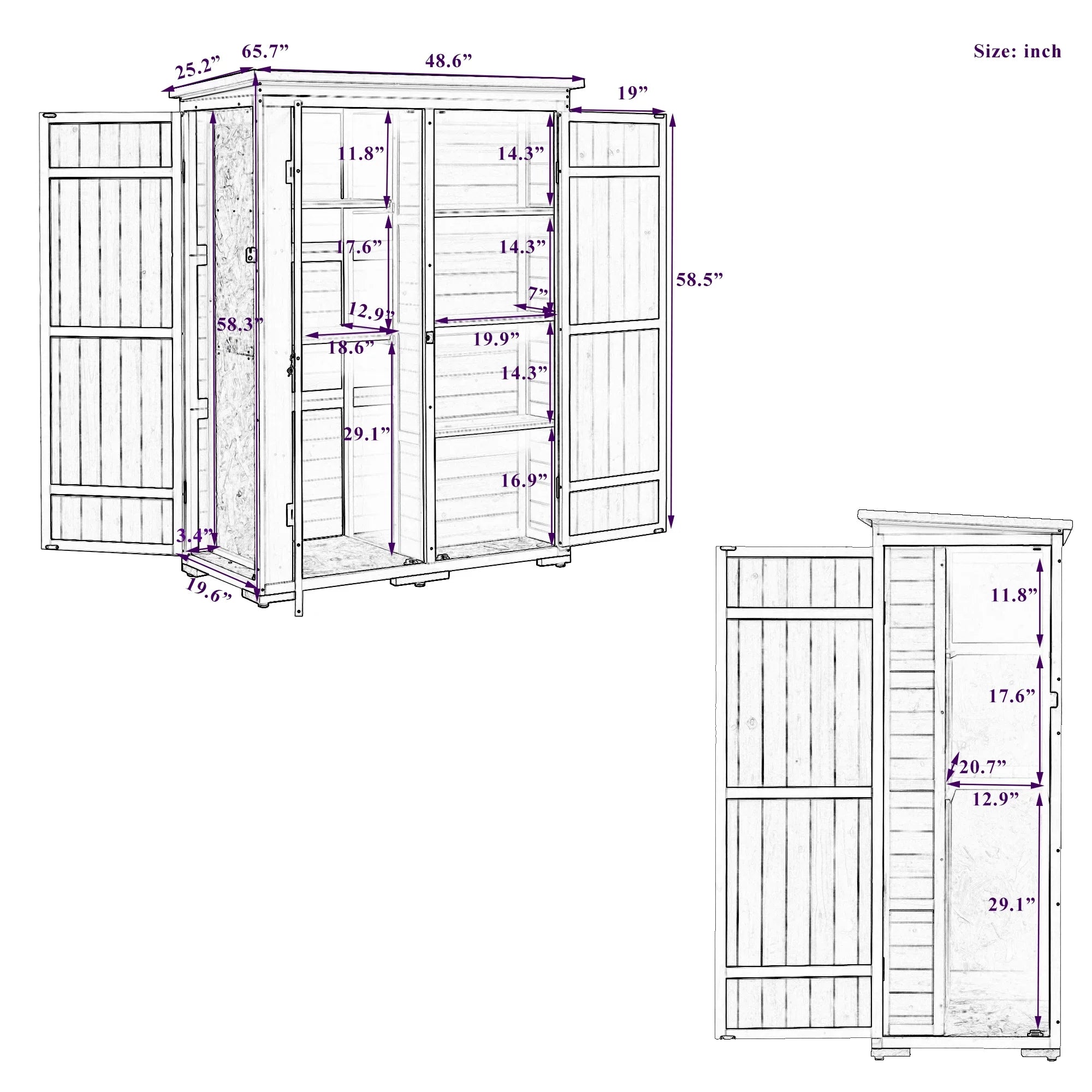 Homiyad Outdoor 5.5ft Hx4.1ft  Wood Storage Shed, Garden Tool Cabinet with Waterproof Asphalt Roof, Four Lockable Doors, Multiple-Tier Shelves, White and Gray