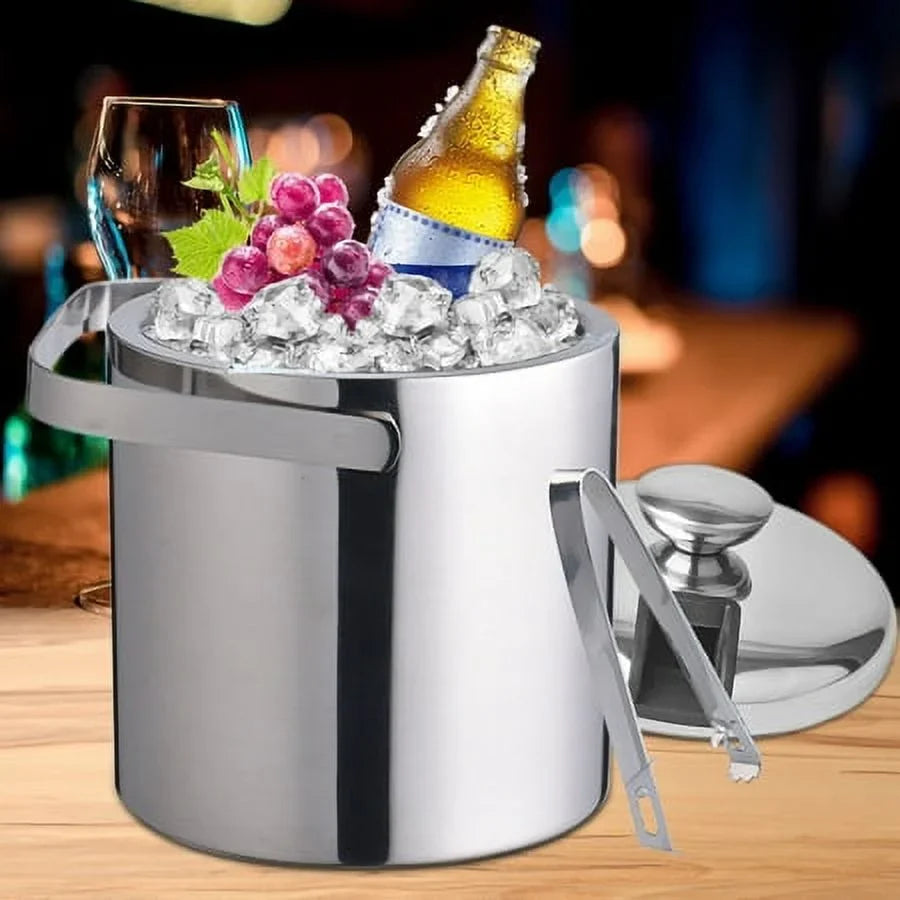 Double-Wall Stainless-Steel Insulated Ice Bucket With Lid & Ice Tong 1300