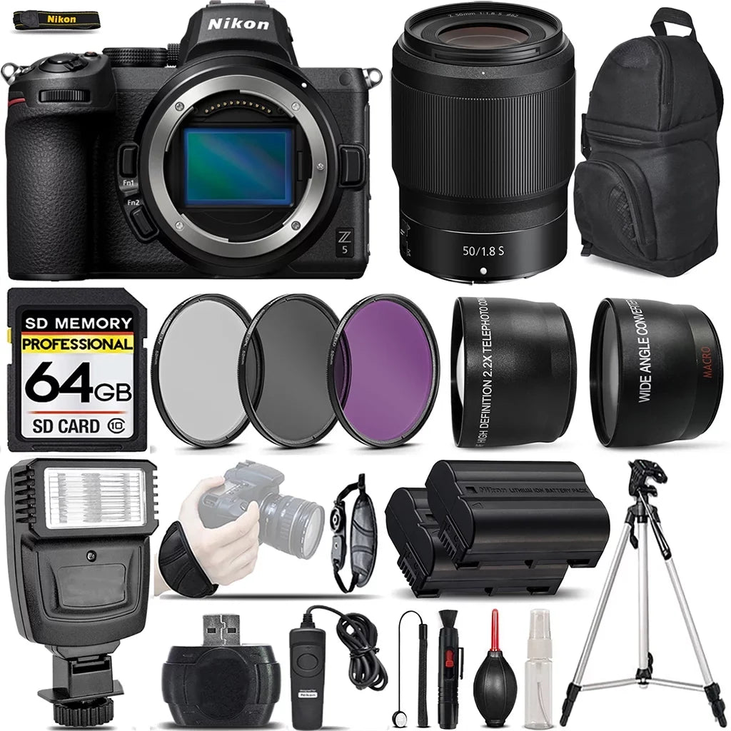 Nikon  Mirrorless Digital Camera with 50mm f/1.8  Lens + 0.43X Wide Angle Lens + 2.2x Telephoto Lens + Flash + 64GB Memory Card + -- Filters + Wireless Remte - International Version