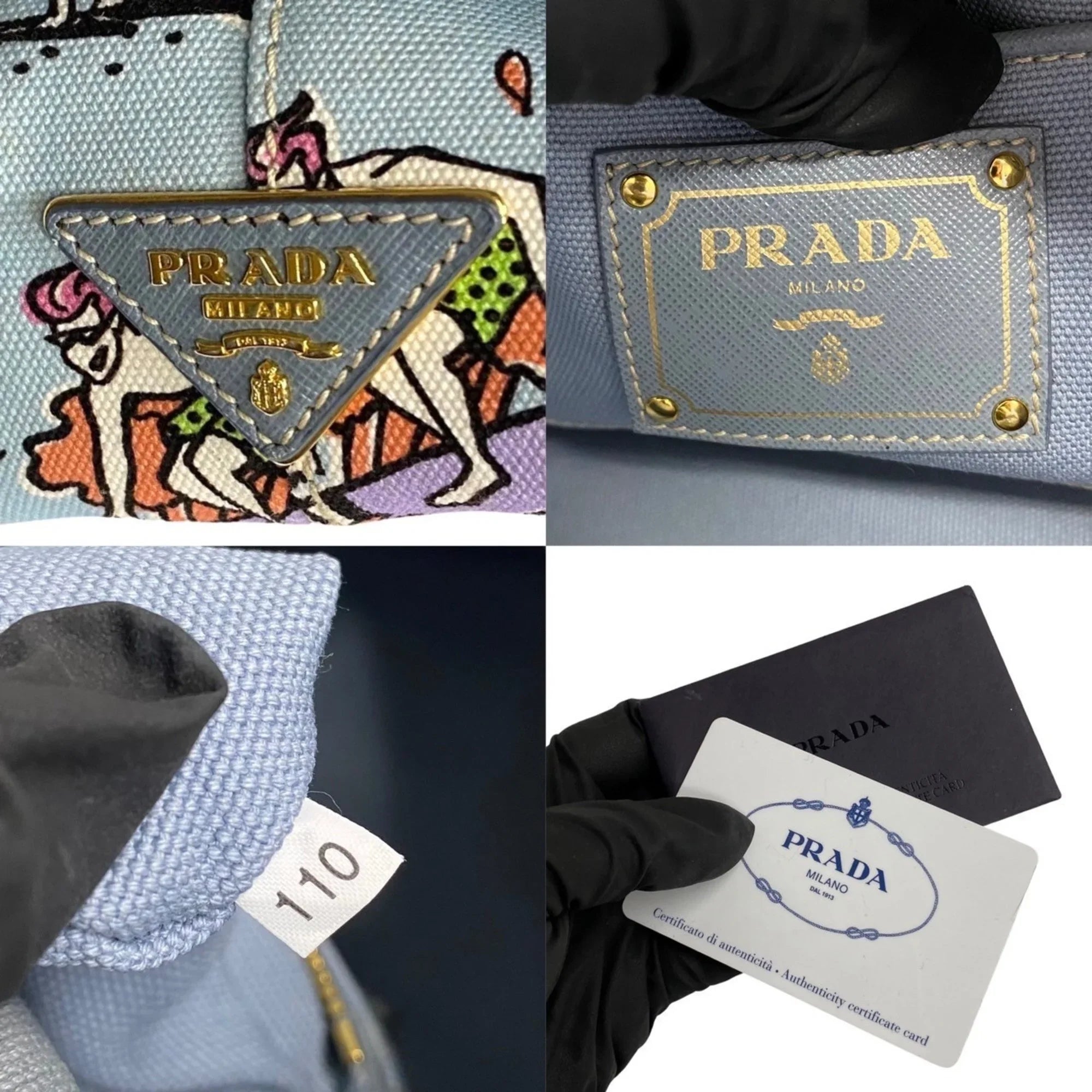 Pre-Owned  Prada Triangle Canapa Surfing Pattern Canvas Handbag Tote Bag Blue Multicolor 25905 (Good)