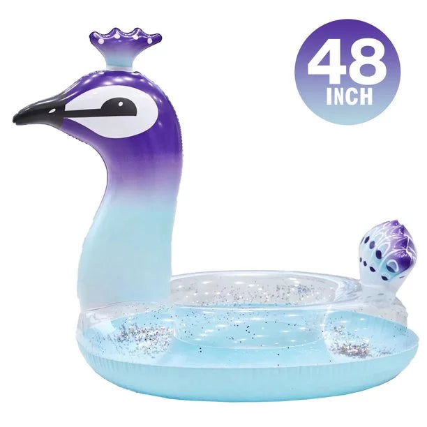 Ionale 48 Inches Inflatable Glitter Swimming Pool Toys Peacock Designed with Fast Valves Summer Fun Beach Party Lounge Raft Decorative Water Game for Kids