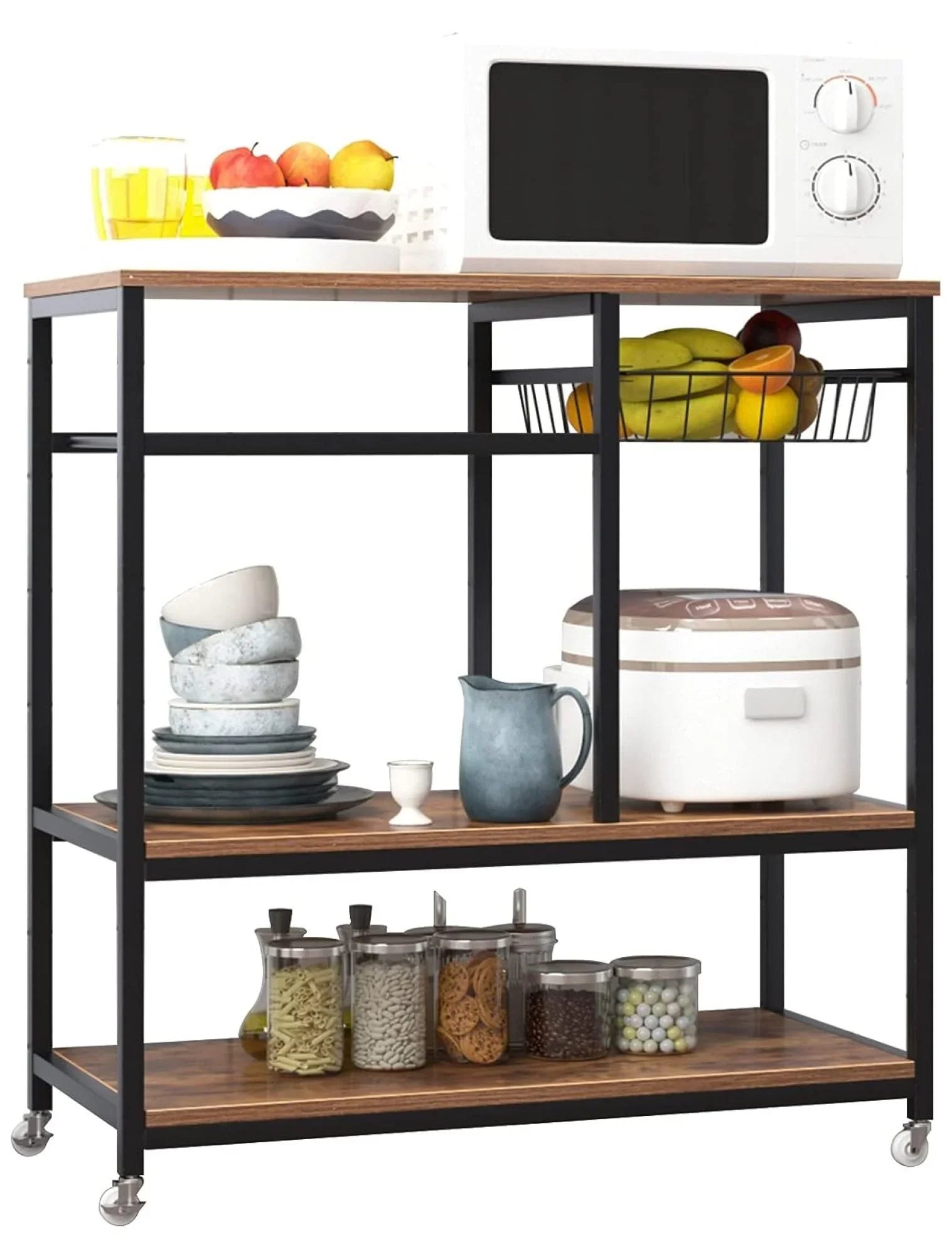 oddfain Microwave Carts for Kitchen with Storage 3 Tier Rolling Bakers Rack Utility Kitchen Serving Cart on Wheels Outdoor Bar Cart Coffee Station, Dark Brown