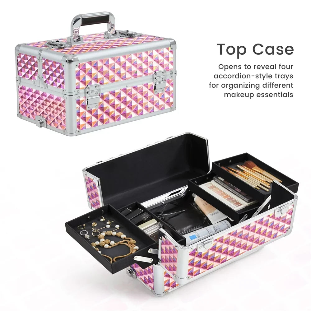 Topeakmart 3-in-1 Rolling Makeup Train Case Cosmetic Trolley with Large Storage, Pink