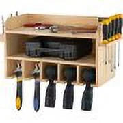Wall Mount Drill Organizer, 5 Drill Slots, 2-Shelf Tool Storage, Polished Wood
