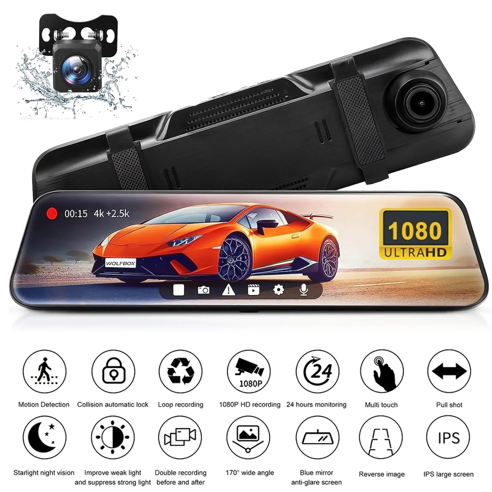 10" Mirror Dash Cam,Kepeak 1080P  Full Touch Screen Front and Rear View Backup Camera,-Sensor, Parking Monitor, 170° Wide Angle,with 5.5 Meters Cable