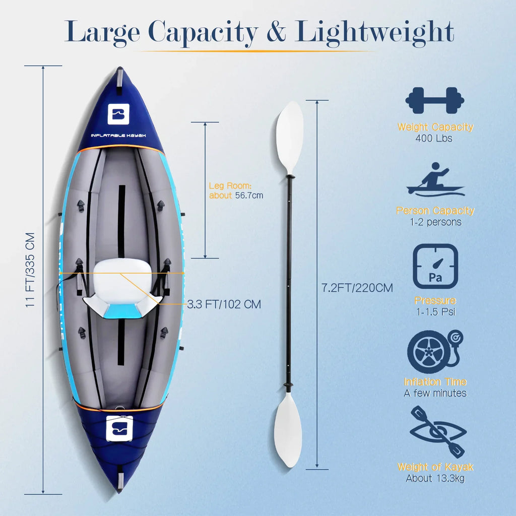 Rich Versatile Blue 11' Inflatable Fishing Kayak Set 2 Person Sit-on Kayak for Adults Angler Blow up Kayak with 2 Paddles 3 Fins and Carrying Bag