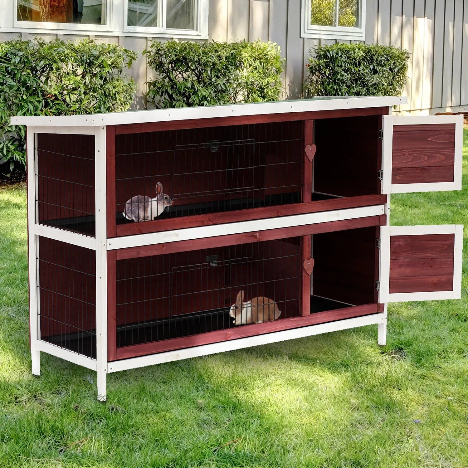 PawHut 54" Elevated Wooden Rabbit Hutch with Fun Enclosed Run And Pull-Out Trays, 2-Story, Weatherproof Stackable