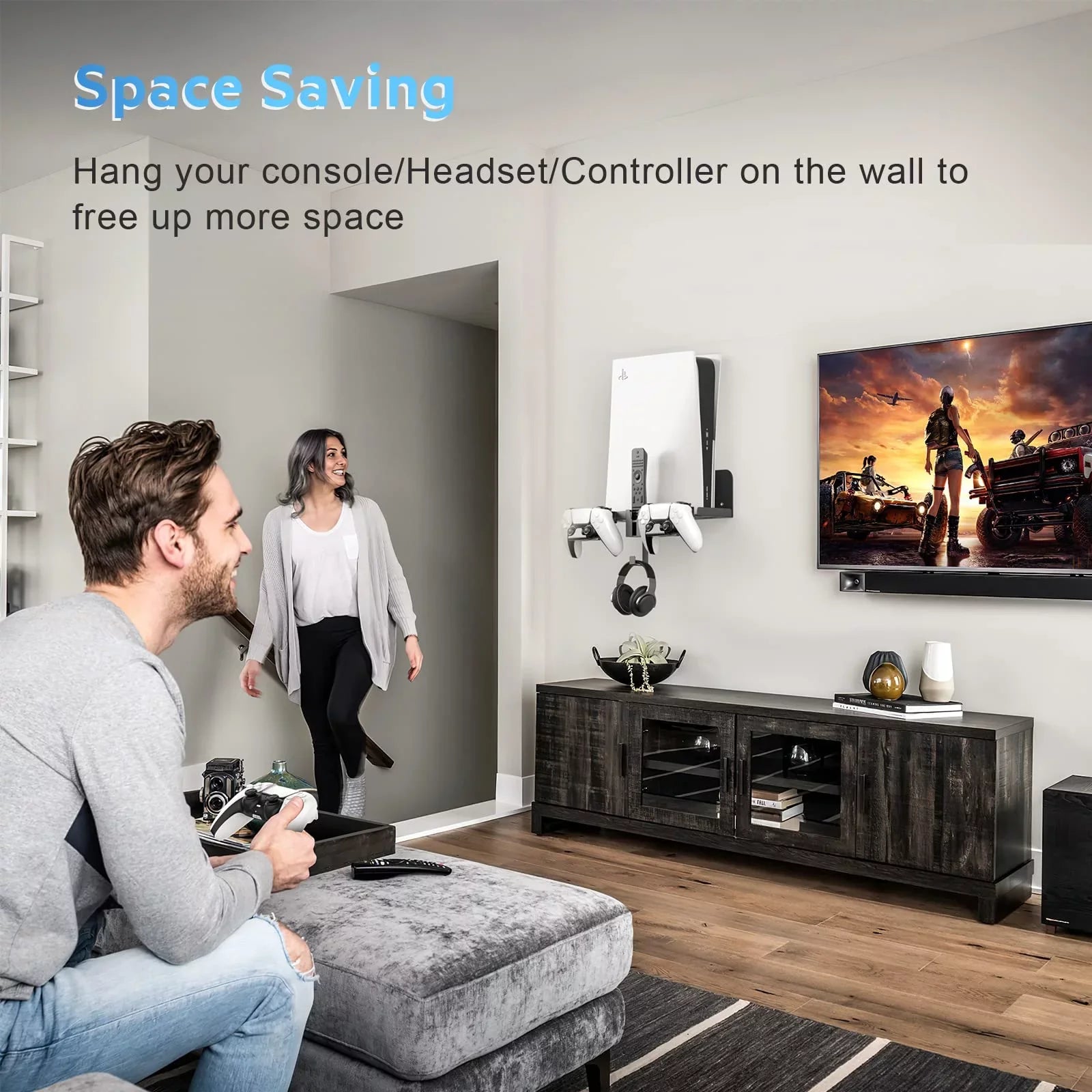 Wall Mount, 5 in 1 Playstation 5 Wall Mount (Disc and Digital Edition) Wall Bracket for Playstation 5 with Detachable Controller Holder & Headphone Hanger & Remote Control Bracket (Black)