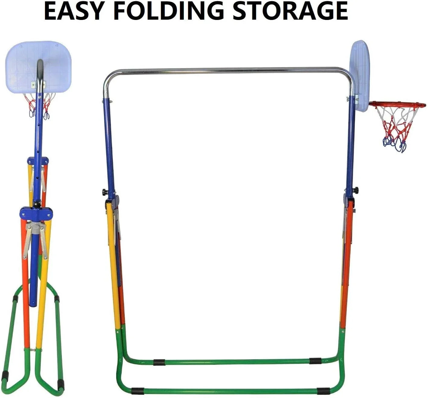 Height-Adjustable 4-in-1 Gymnastics Bar Set with Swing, Rings, Basketball Hoop - Folding Junior Training Bar for Home Gym