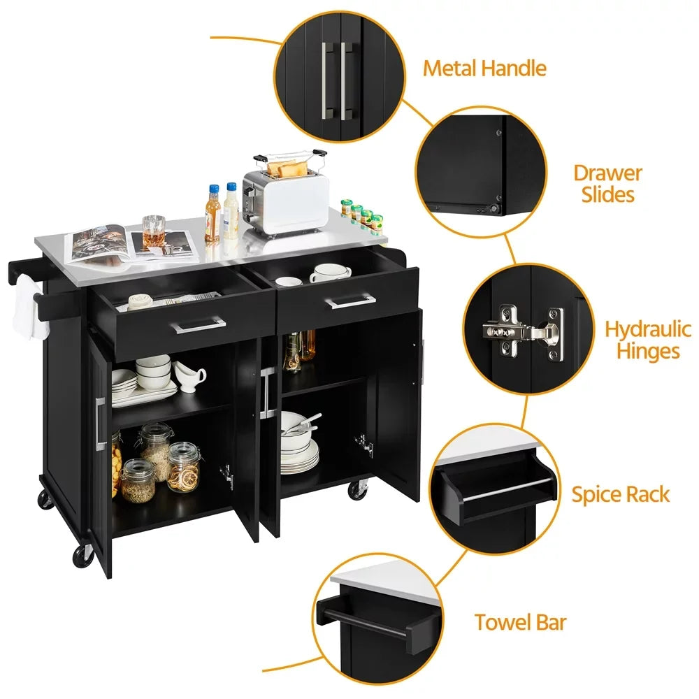 Topeakmart Rolling Kitchen Island with Storage Drawers & Towel Bar & Spice Rack, Black