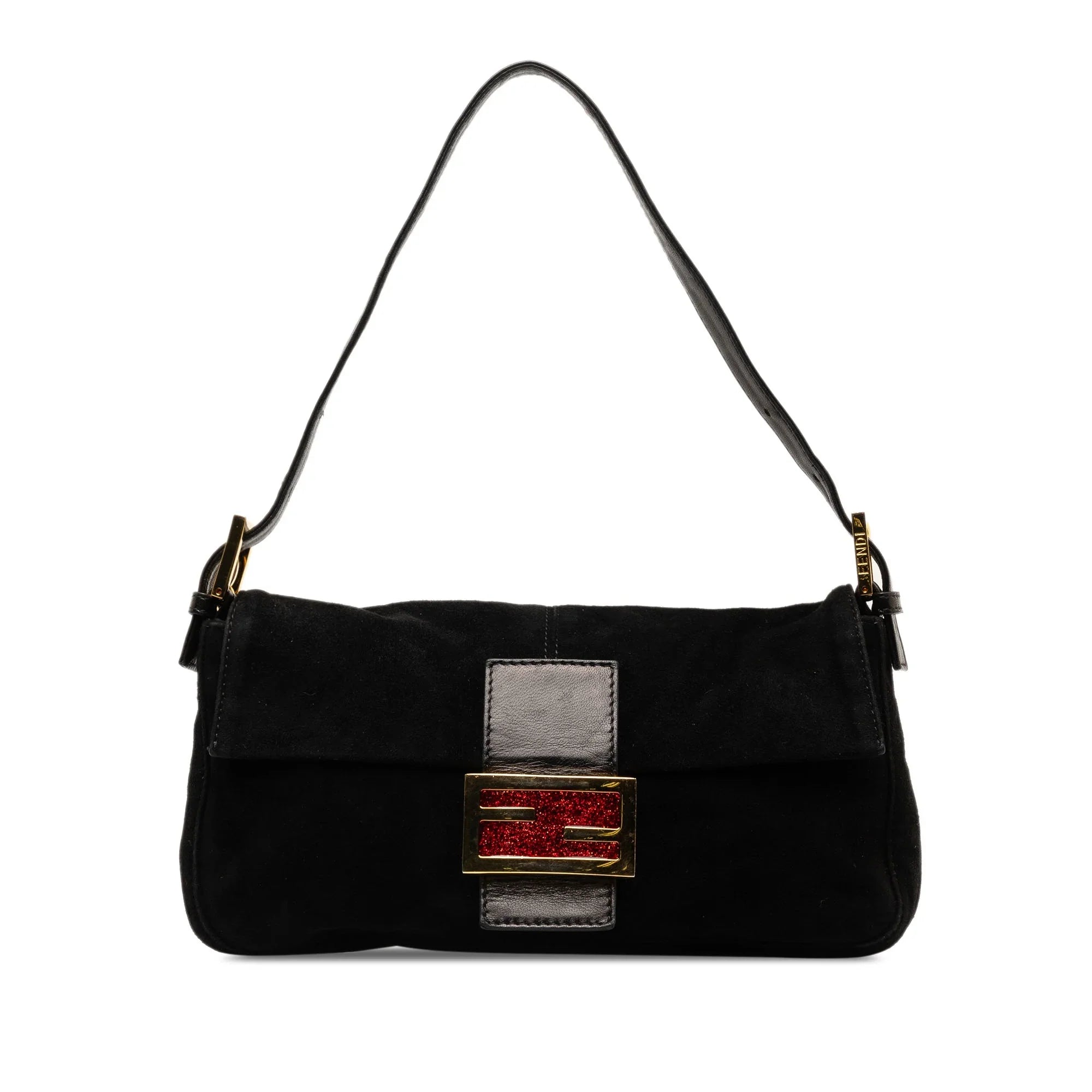 Pre-Owned Authenticated Fendi Baguette Suede Leather Black Shoulder Bag Unisex (Good)