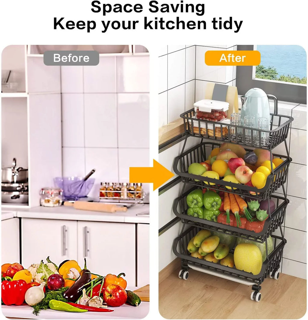 4-Tier Stackable Fruit Basket Vegetable Storage Basket Car for Pantry,Bathroom, Garage Black