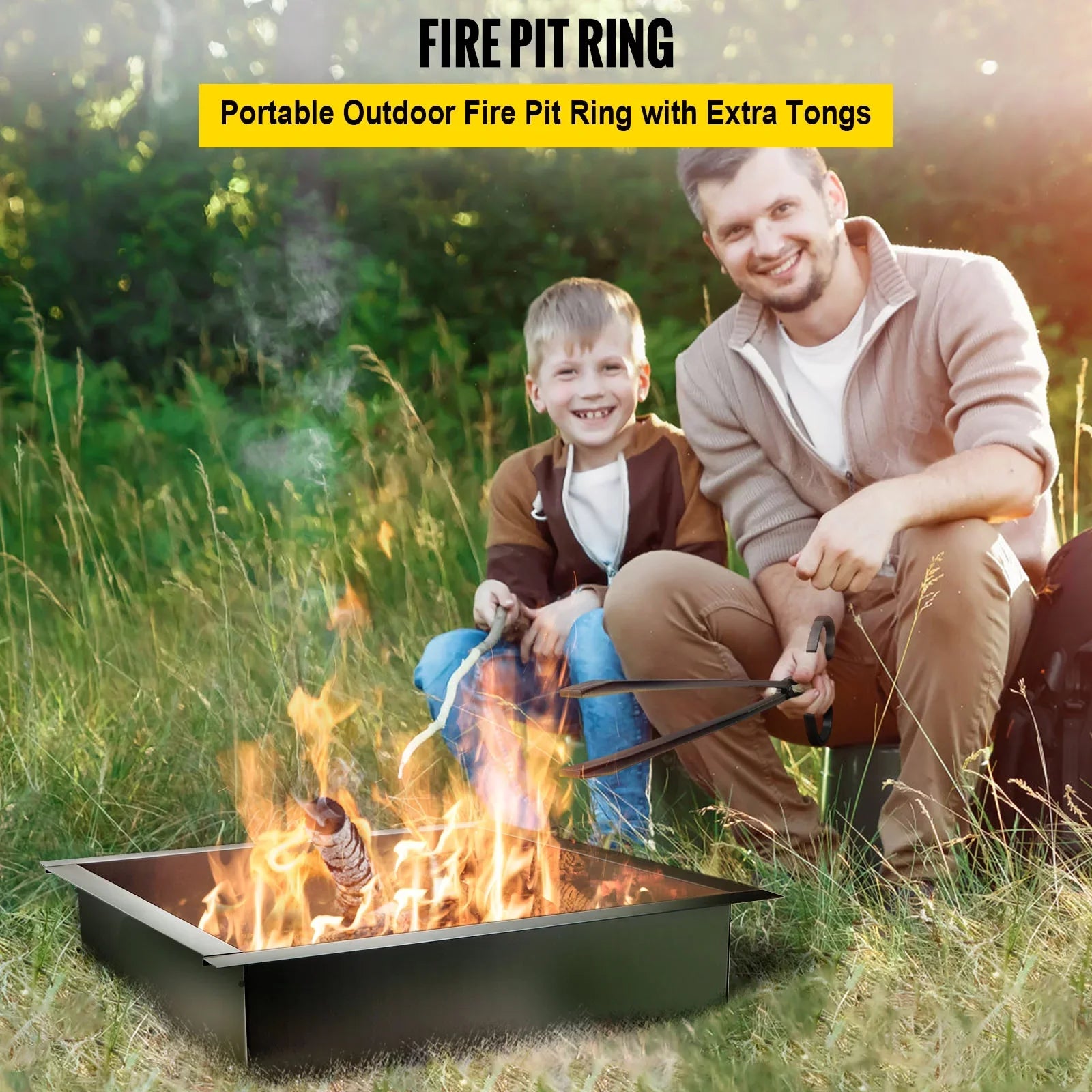 Fire Pit Ring, 36" Square Fire Pit Insert, Heavy Duty Steel Fire Ring,  Bonfire Liner with Tongs Insert with Simple Installation for Outdoor, Patio, Backyard