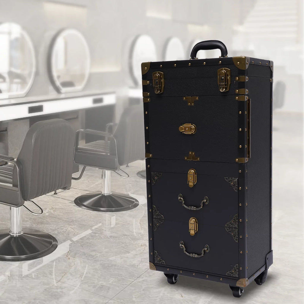 Aiqidi Rolling Lockable Makeup Train Case Hairdressing Trolley Barber Stylist Beauty Salon Cosmetic Luggage Travel Organizer Tool Box with Hair Dryer Holder