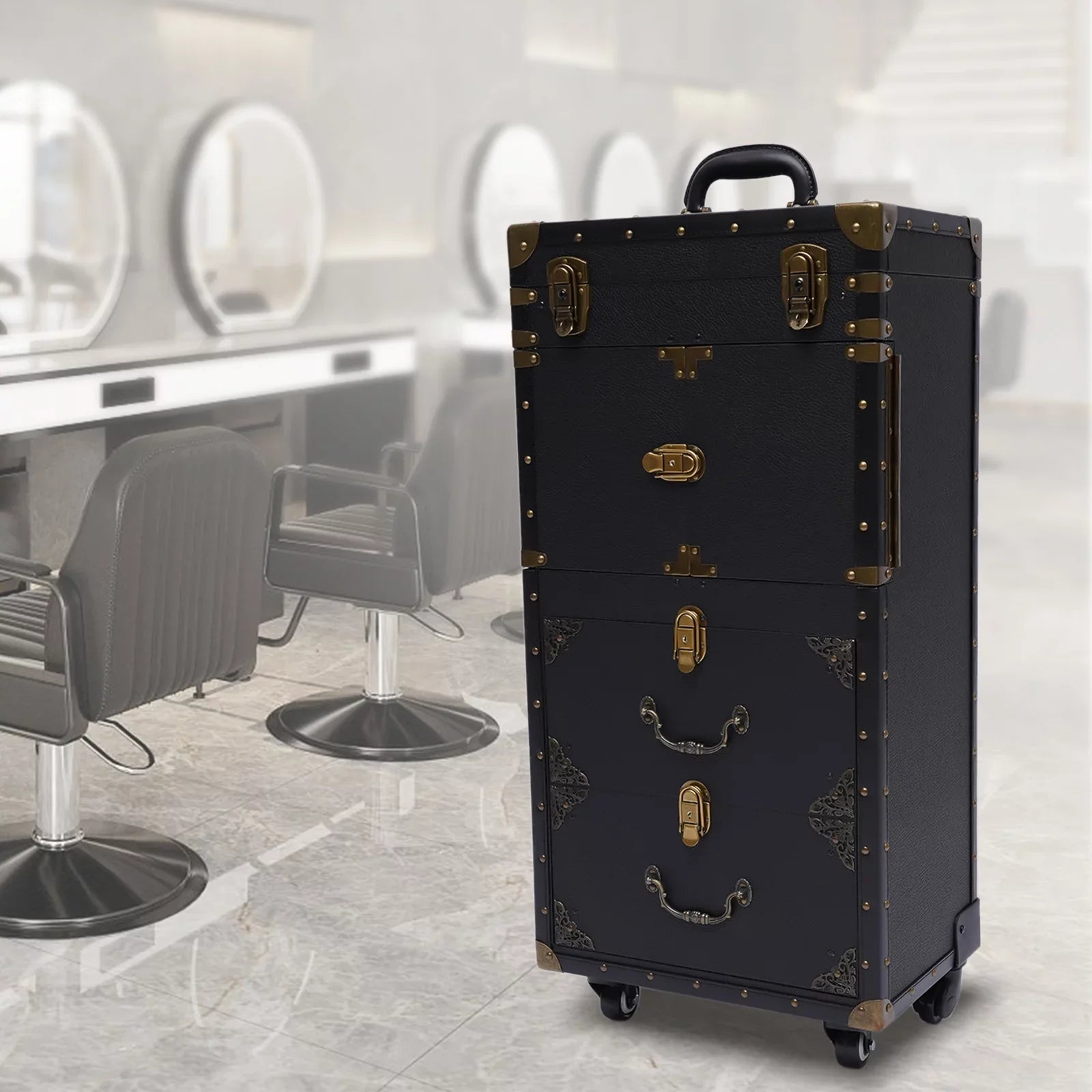 Aiqidi Rolling Lockable Makeup Train Case Hairdressing Trolley Barber Stylist Beauty Salon Cosmetic Luggage Travel Organizer Tool Box with Hair Dryer Holder