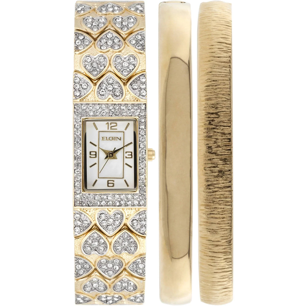 Elgin Adult Female Gold-Tone White  Round Crystal Double Bangle Watch Set ()