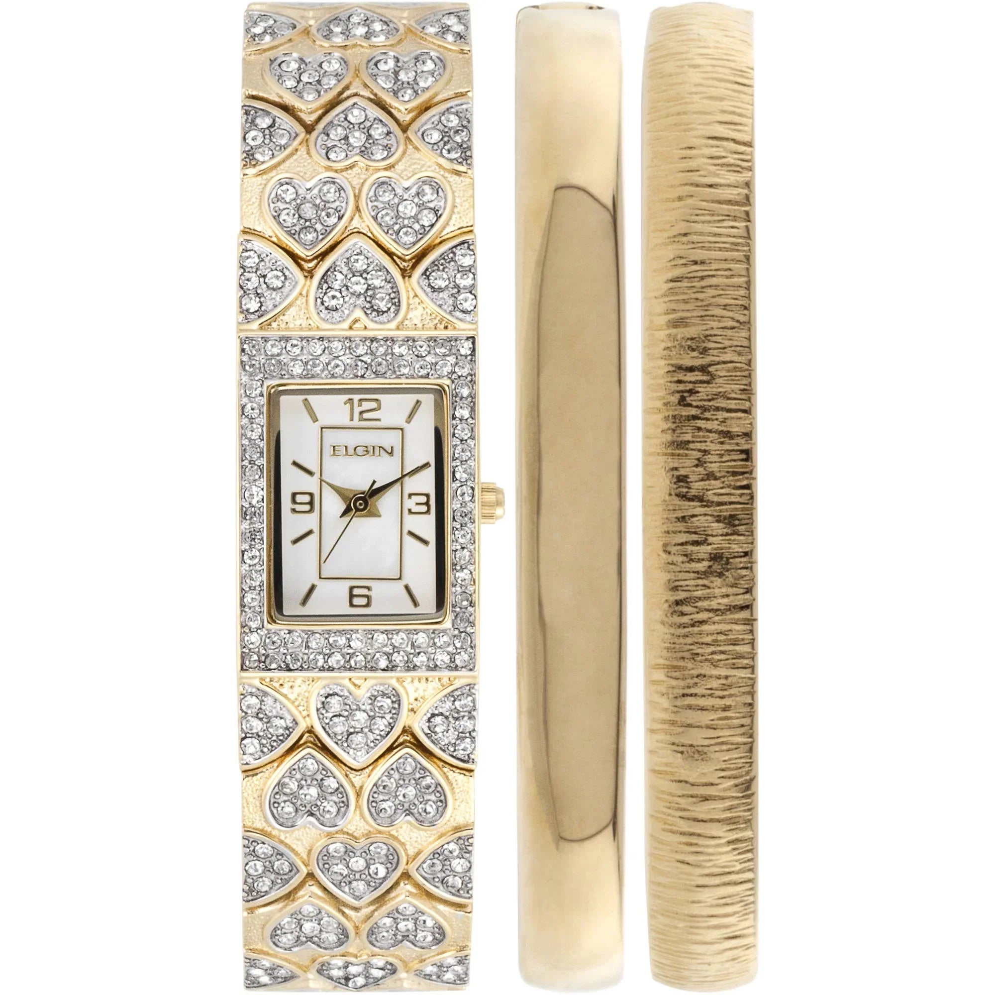 Elgin Adult Female Gold-Tone White  Round Crystal Double Bangle Watch Set ()